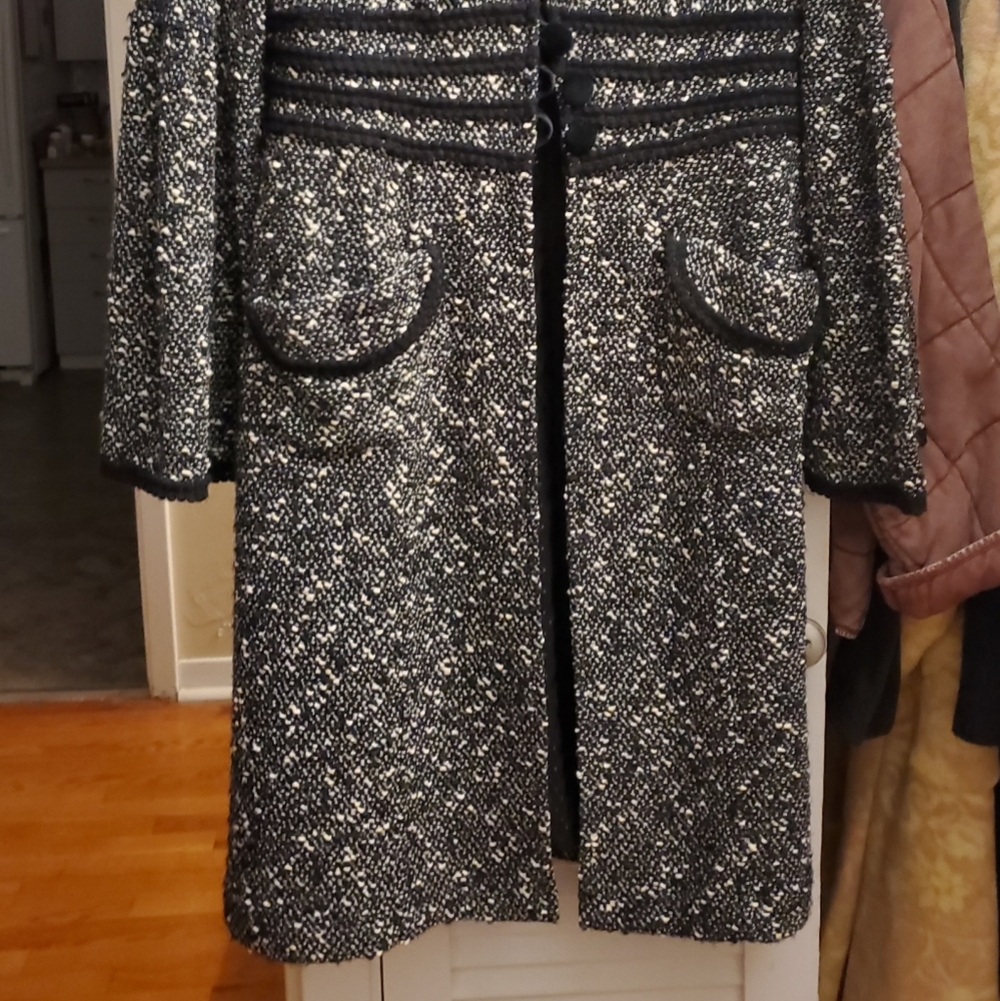Nanette Lepore Black and White Tweed Coat with Trim - Picture 2 of 6